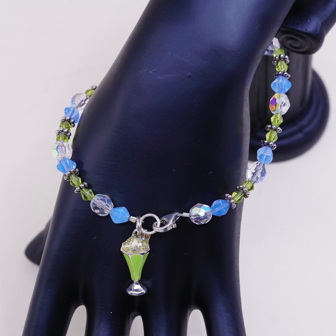 8.5", VTG Sterling 925 silver handmade bracelet crystal beads N ice cream charm