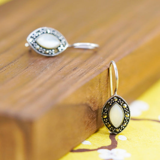 Vintage Sterling 925 silver handmade earrings with moonstone and marcasite