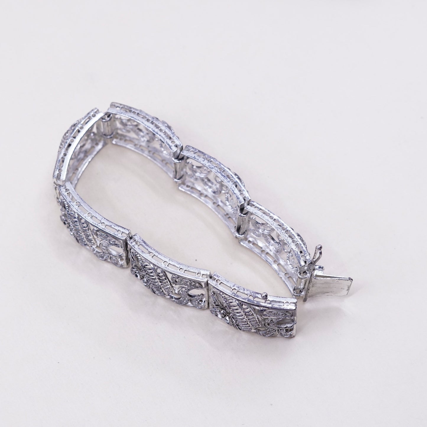 7”, vtg Sterling 800 Silver chain, tennis Bracelet w/ filigree marcasite flower