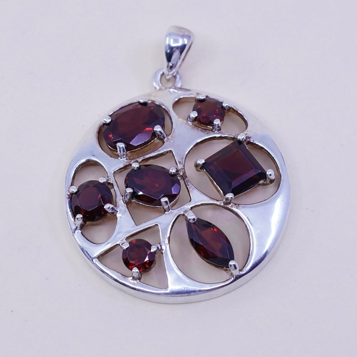 Vintage sterling silver handmade pendant, modern 925 circle with ruby