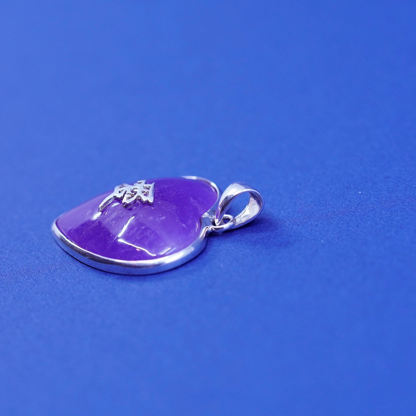 sterling 925 silver heart pendant with purple jade and Chinese character “love”