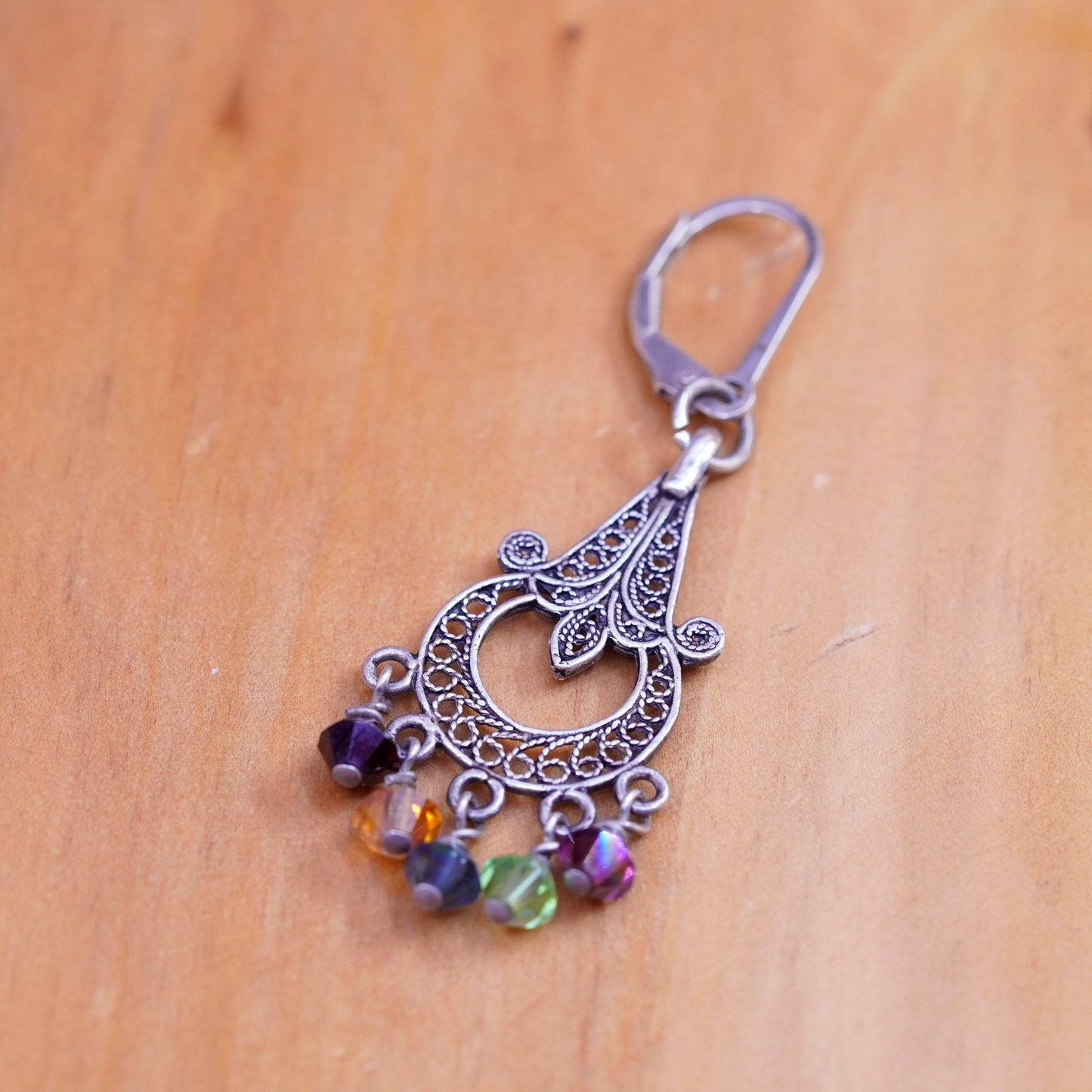 Vintage sterling silver handmade earrings, 925 teardrops filigree w/ gemstones