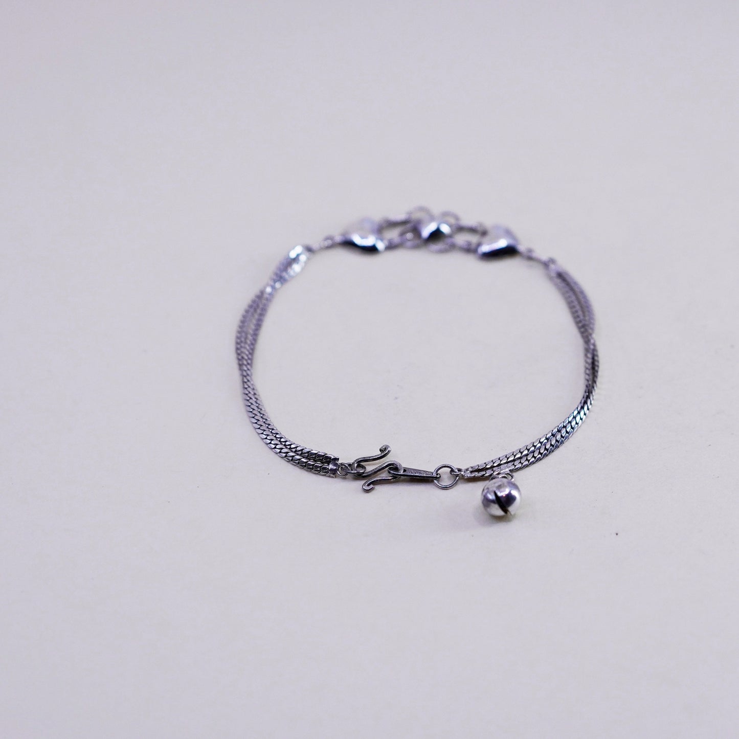 7.5”, Sterling Silver Handmade Bracelet, 925 curb chain with heart bell chime