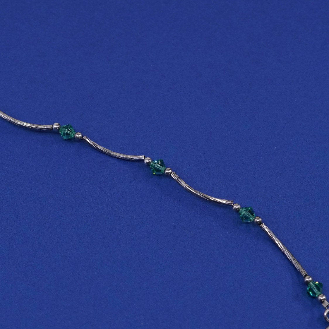 6.5", Sterling silver handmade bracelet, 925 bar tube w/ blue crystal beads