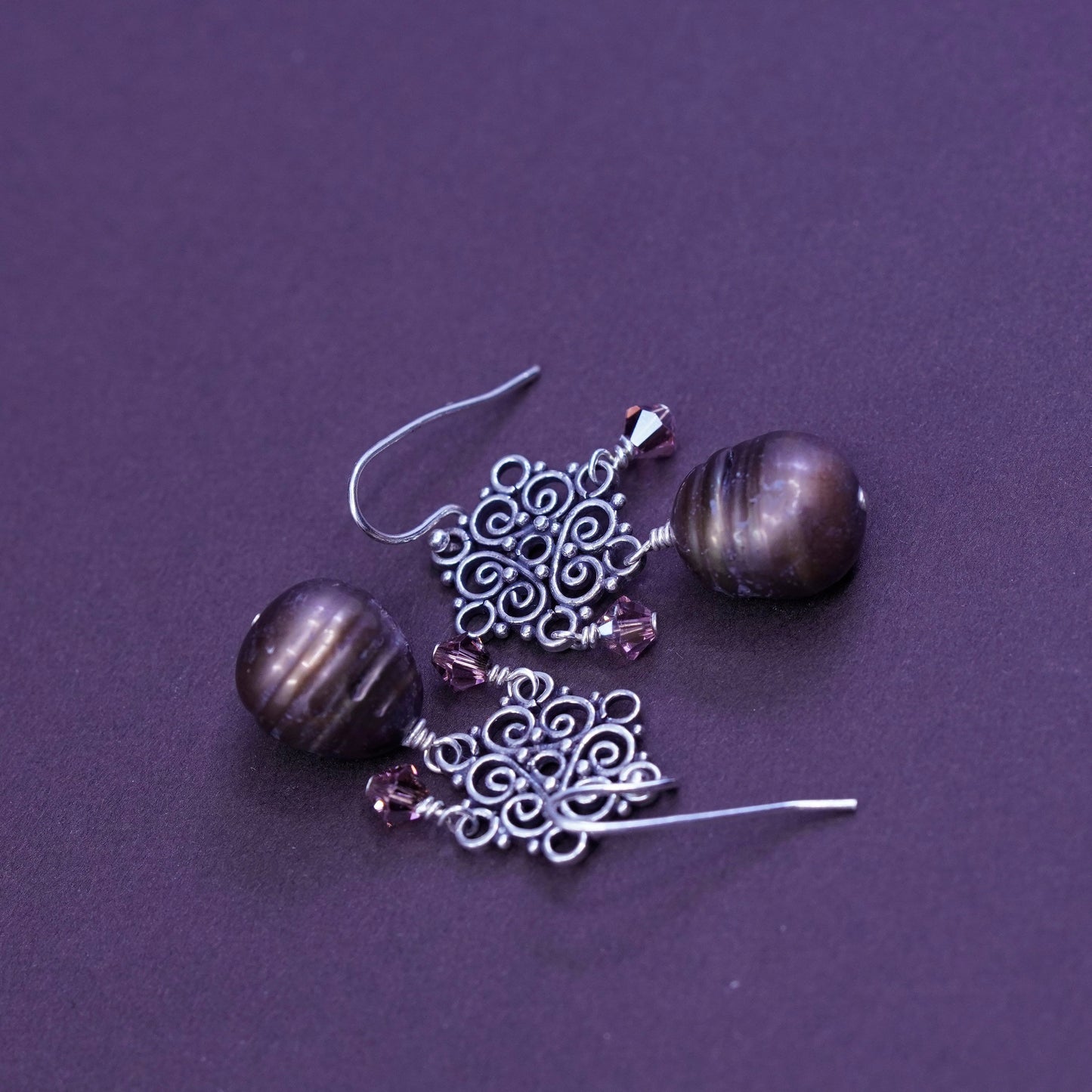 Vintage sterling silver handmade earrings, 925 filigree with purple pearl drops
