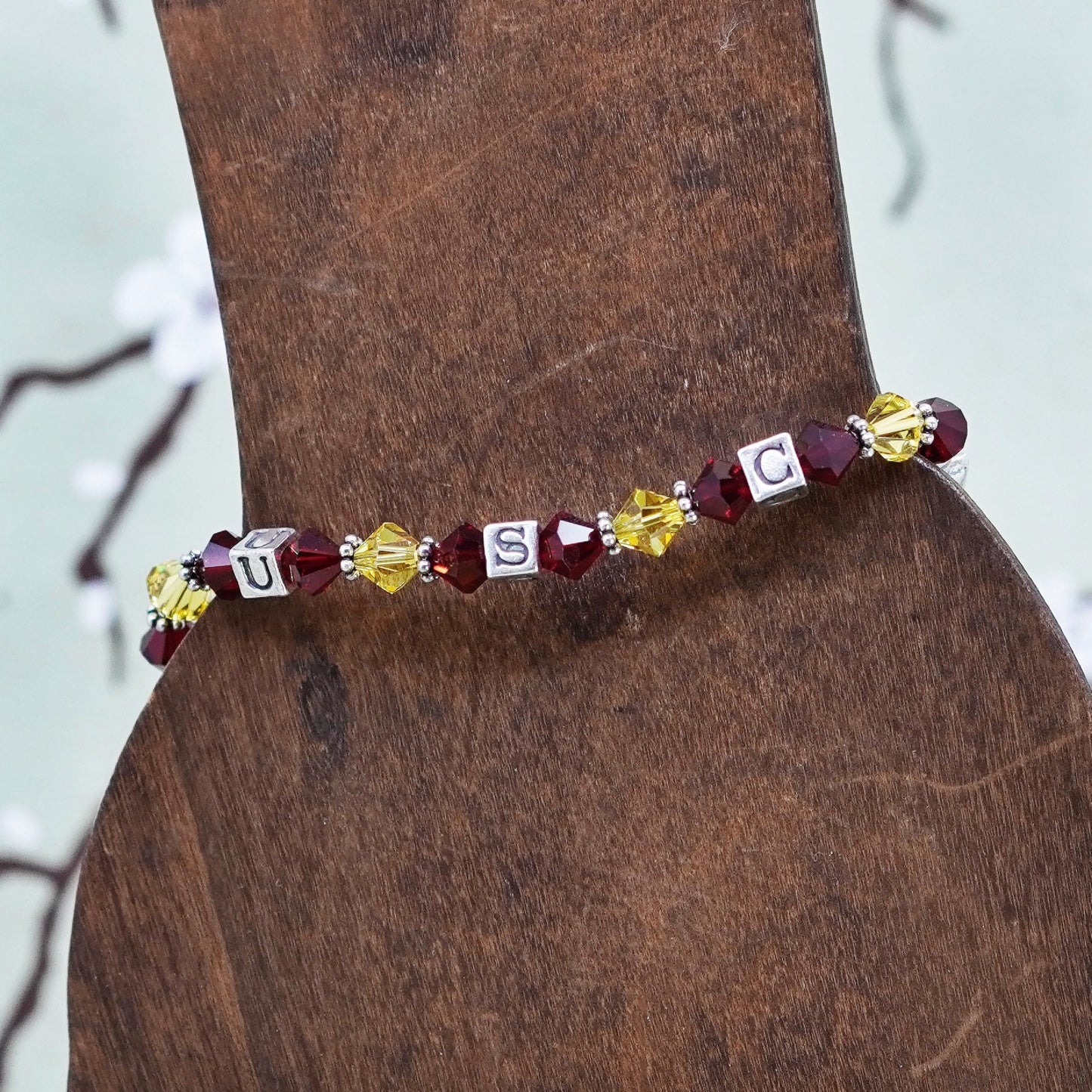 7”, vintage 925 sterling silver bracelet with red yellow crystal and USC cubes