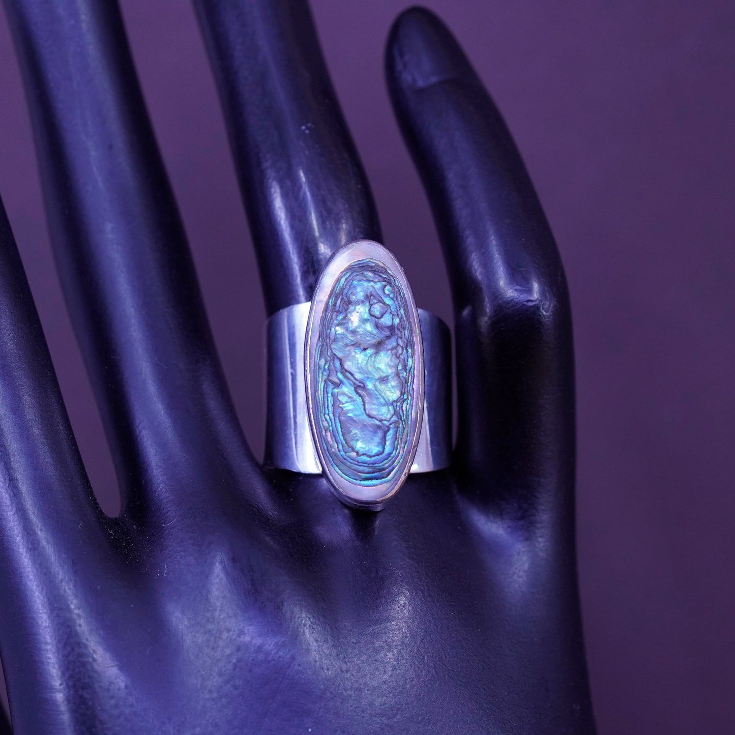 Size 8.75, vintage sterling silver handmade ring, 925 band with abalone