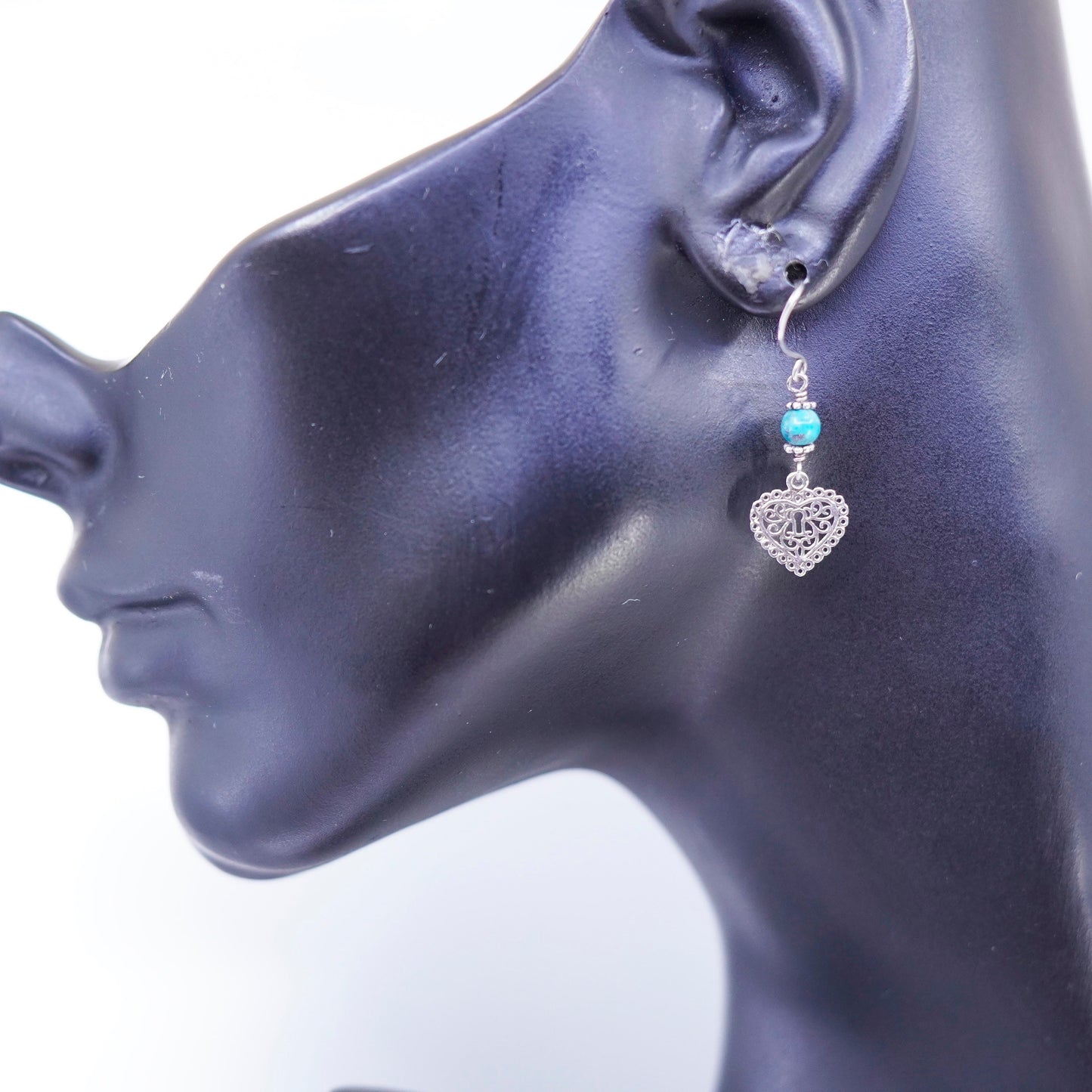 Vintage Sterling 925 silver handmade filigree heart earrings with turquoise