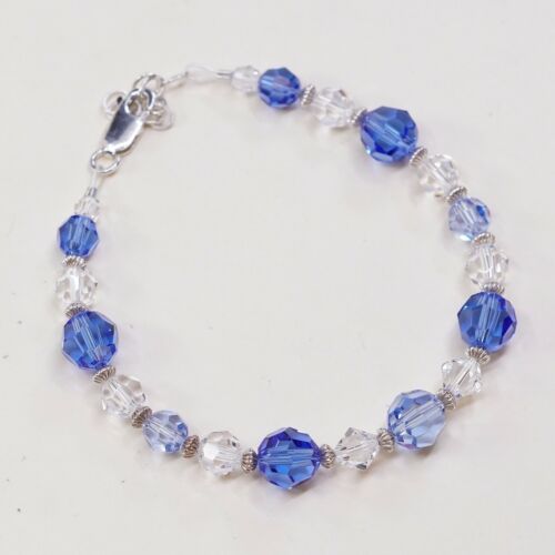 6.5”, Mexico Sterling 925 Silver Handmade Bead Bracelet, Blue Crystal beads