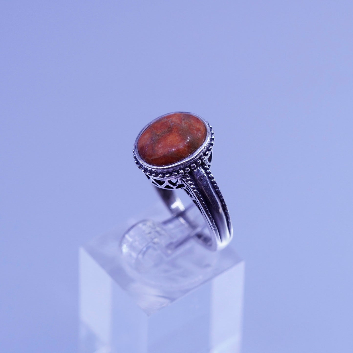Size 7.25, vintage Sterling 925 silver handmade ring with red jasper and beads
