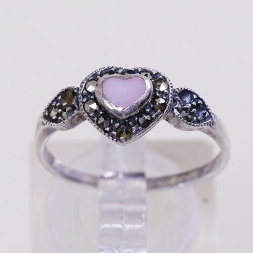 Sz 6.5, Sterling Silver handmade Ring, 925 Silver W/ Pink Mop Heart n marcasite