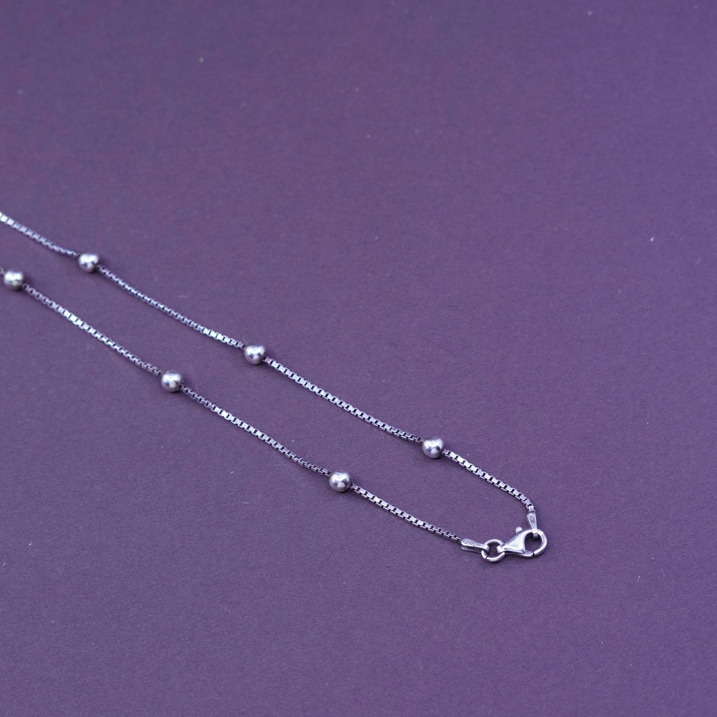 18”, 1.6mm, vintage Sterling silver beads necklace, Italy 925 box chain bead