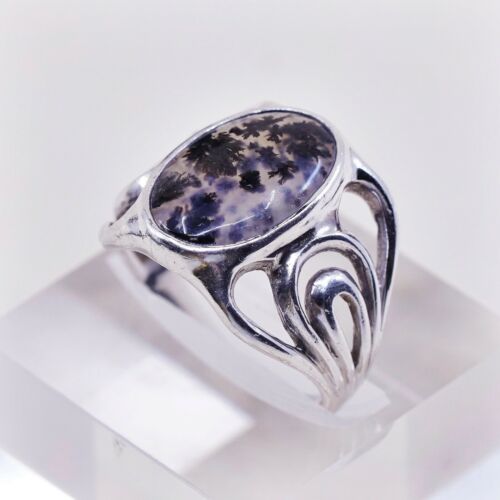 Sz 10, Vtg 925 sterling silver handmade ring W/ Dendritic agate, Silver Tested