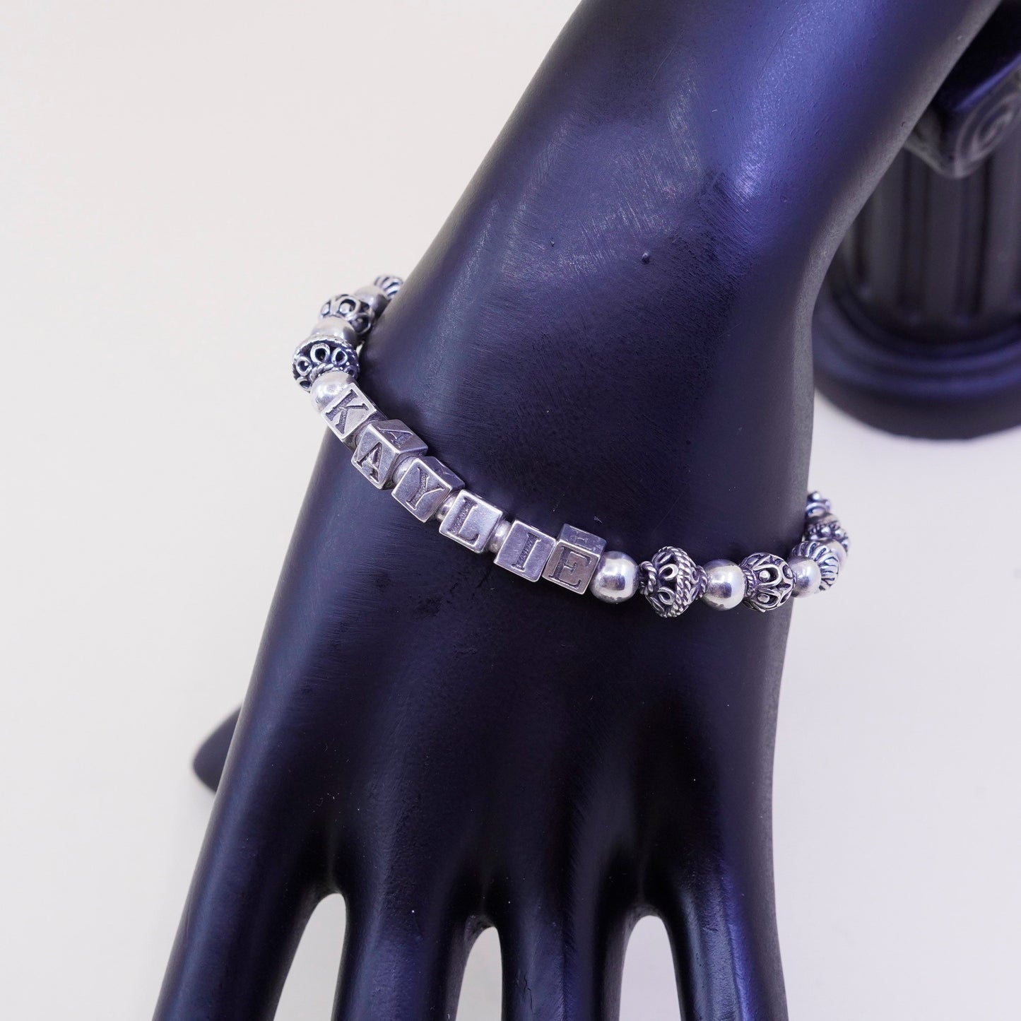 6.75”, Sterling 925 Silver filigree beads bracelet with name “Kaylie” cubes