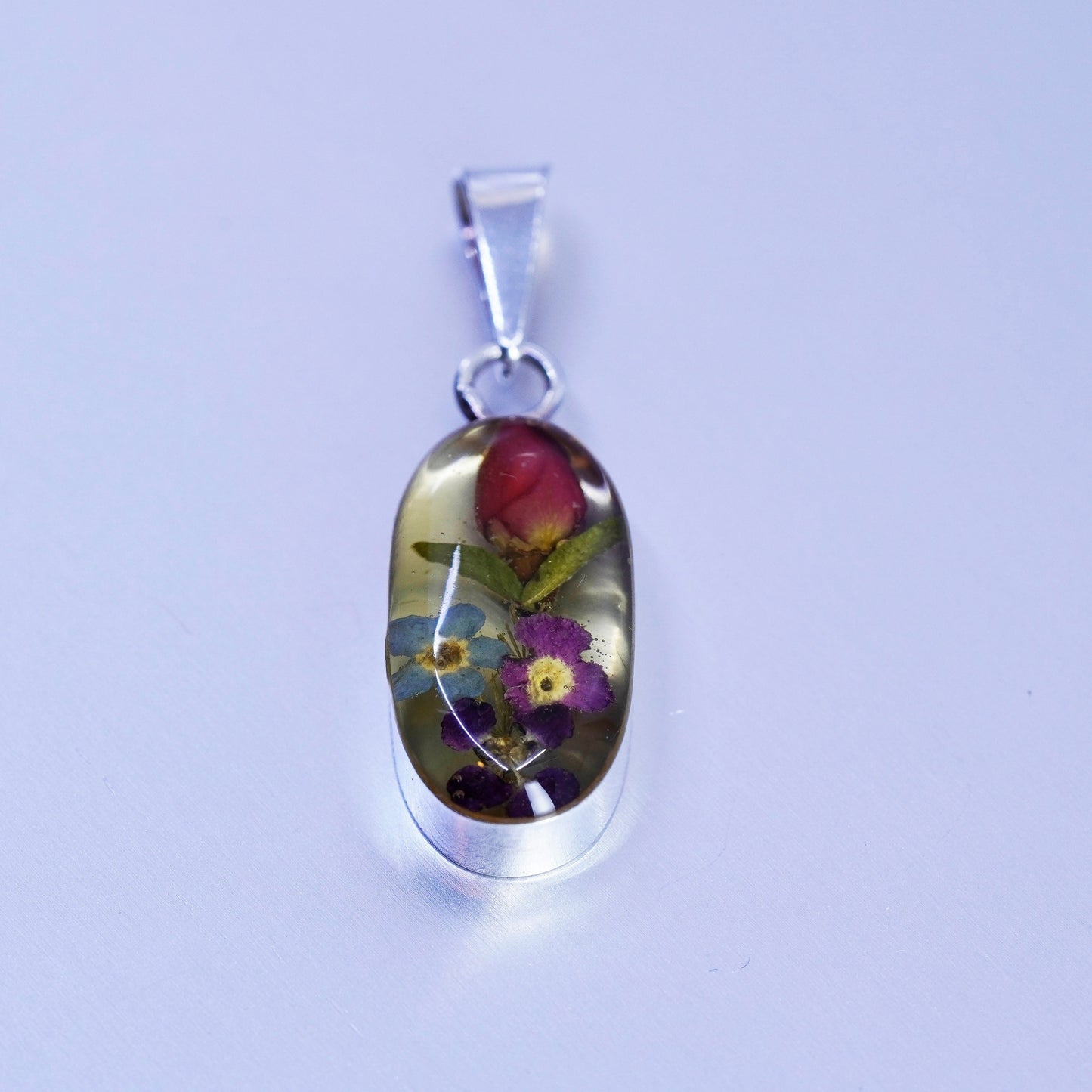 antique sterling 925 silver resin pendant with red resin flower
