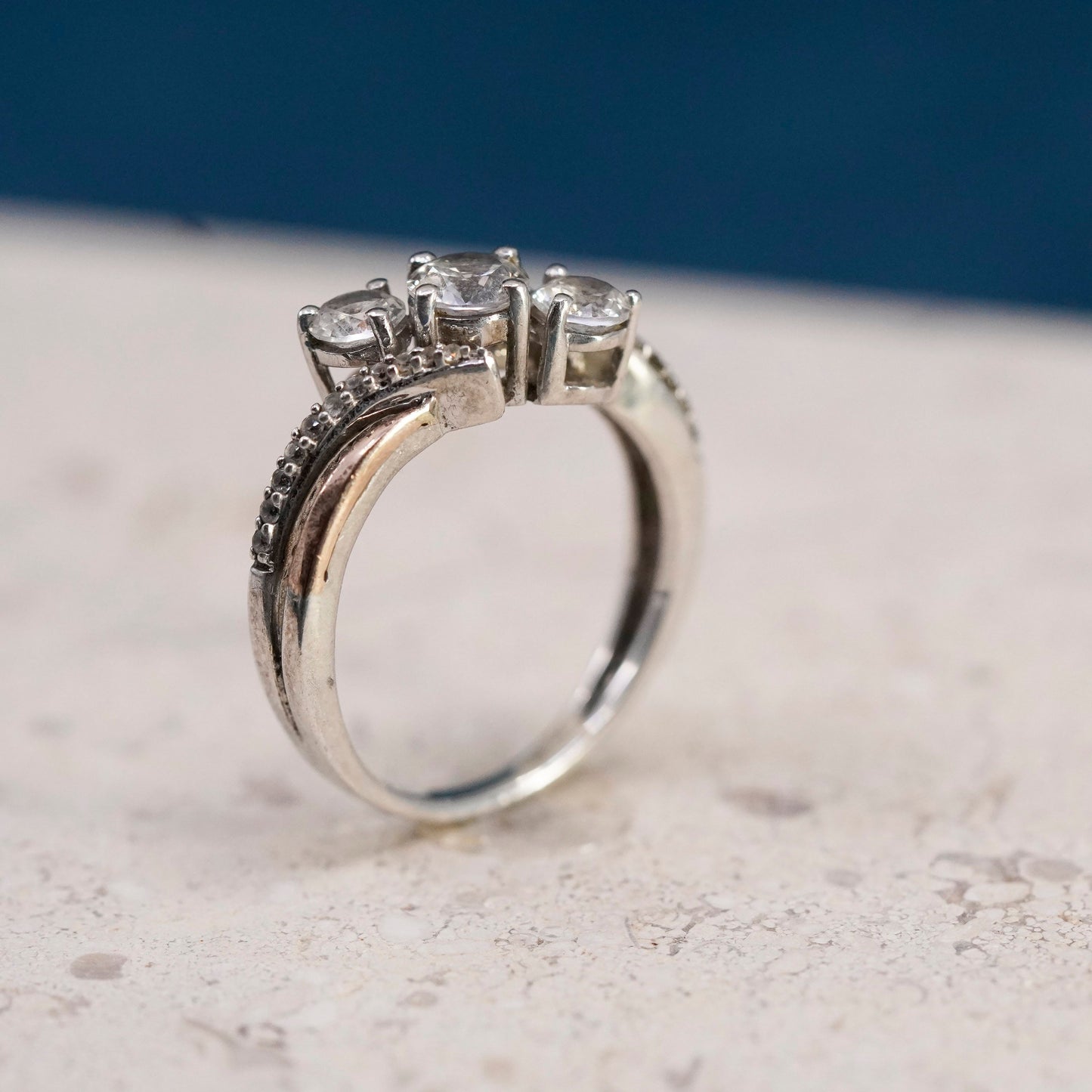 Size 7.5, vintage Sterling 925 silver engagement anniversary ring w/ cluster Cz