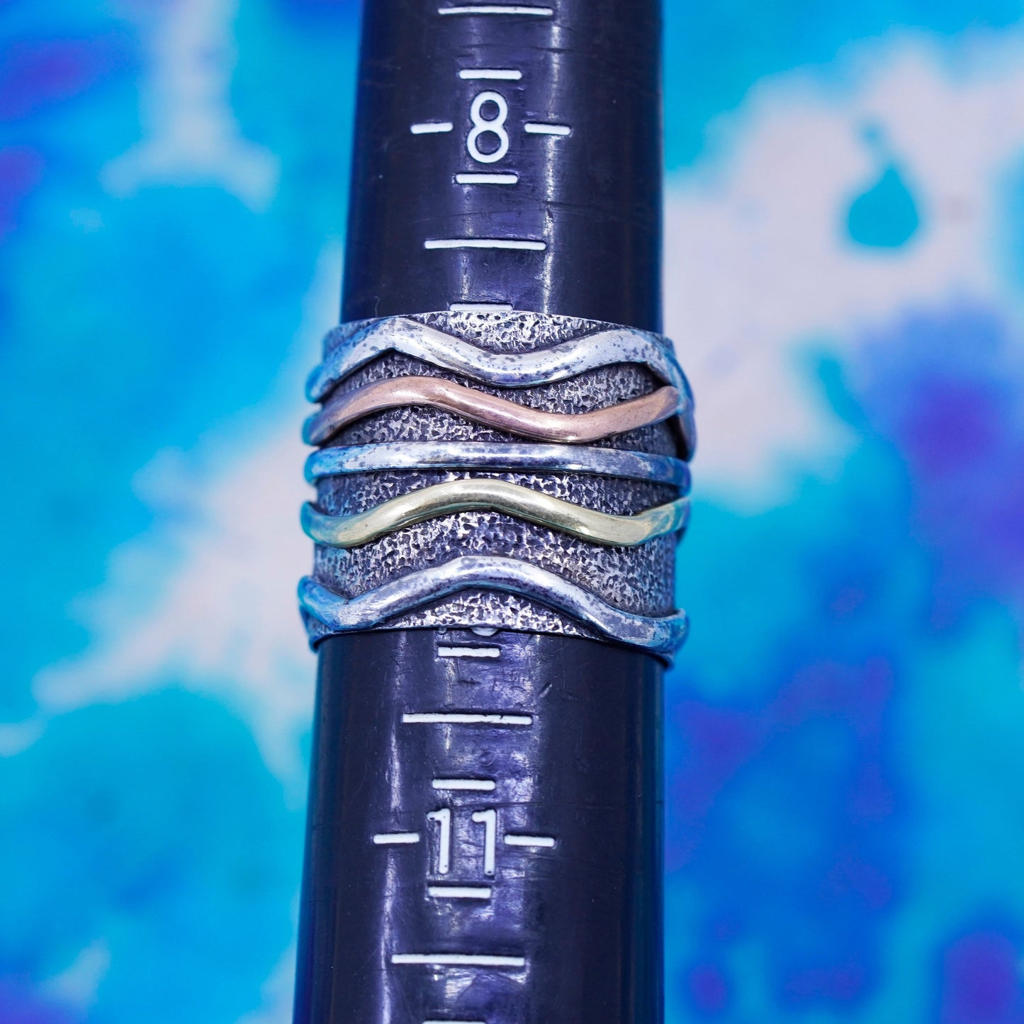 Size 8.75, vintage triple Tone sterling silver hammered band, 925 spinner ring