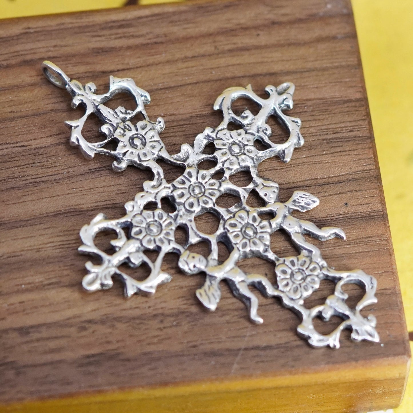 Vintage Sterling silver handmade pendant, 925 filigree cross with angel