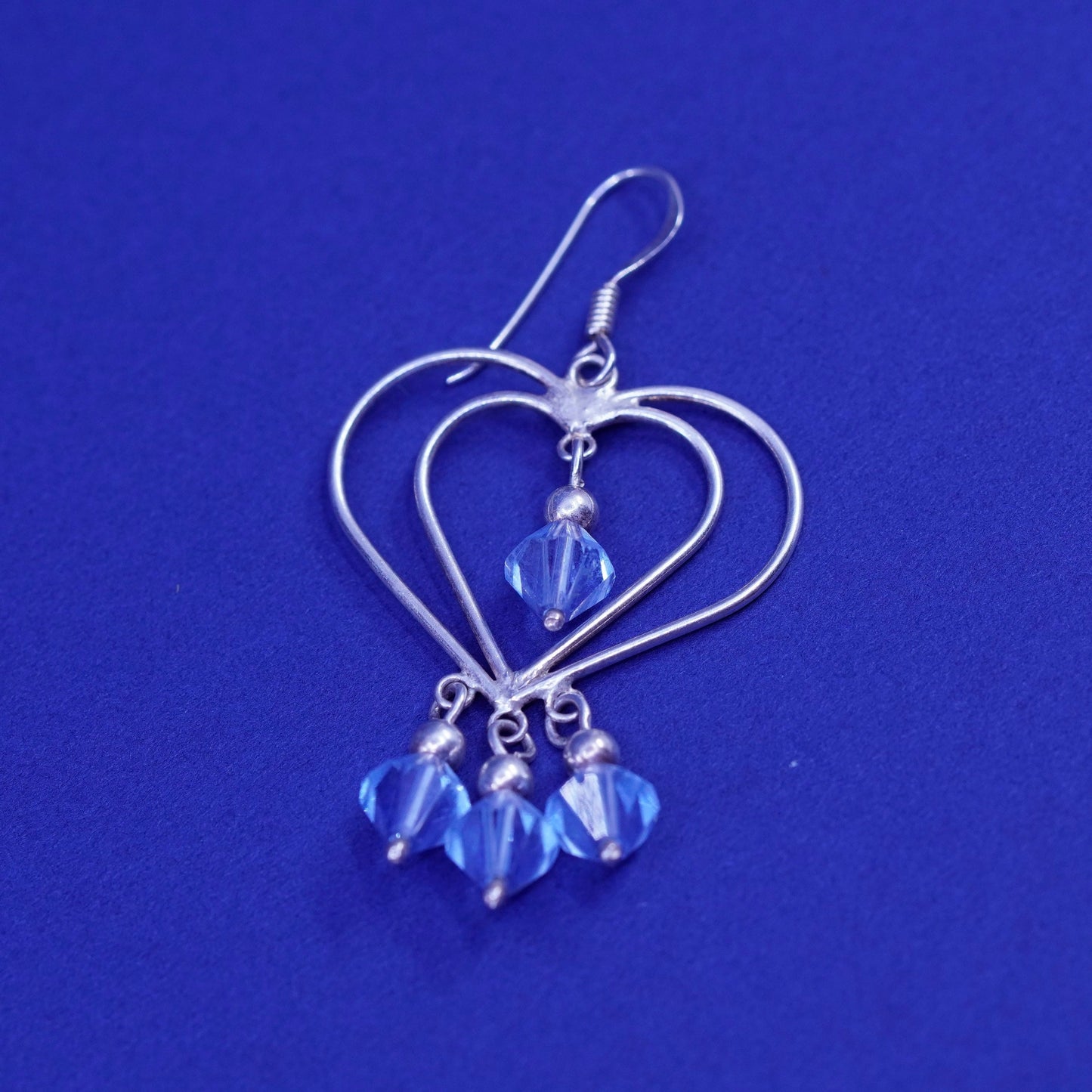 Vintage Sterling 925 silver handmade earrings, double heart Dangle and blue Cz