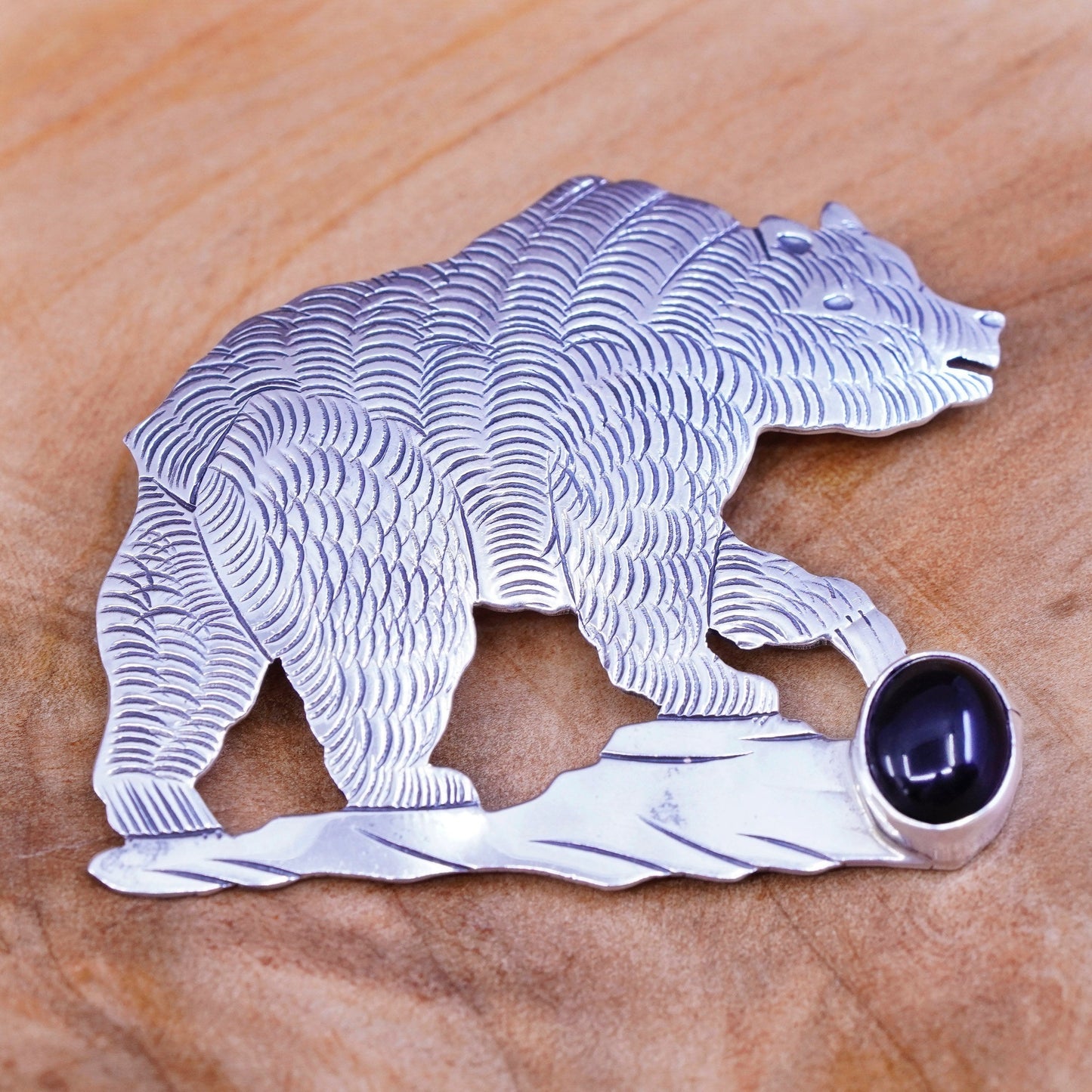antique DY southwestern handmade sterling 925 silver bear brooch with obsidian