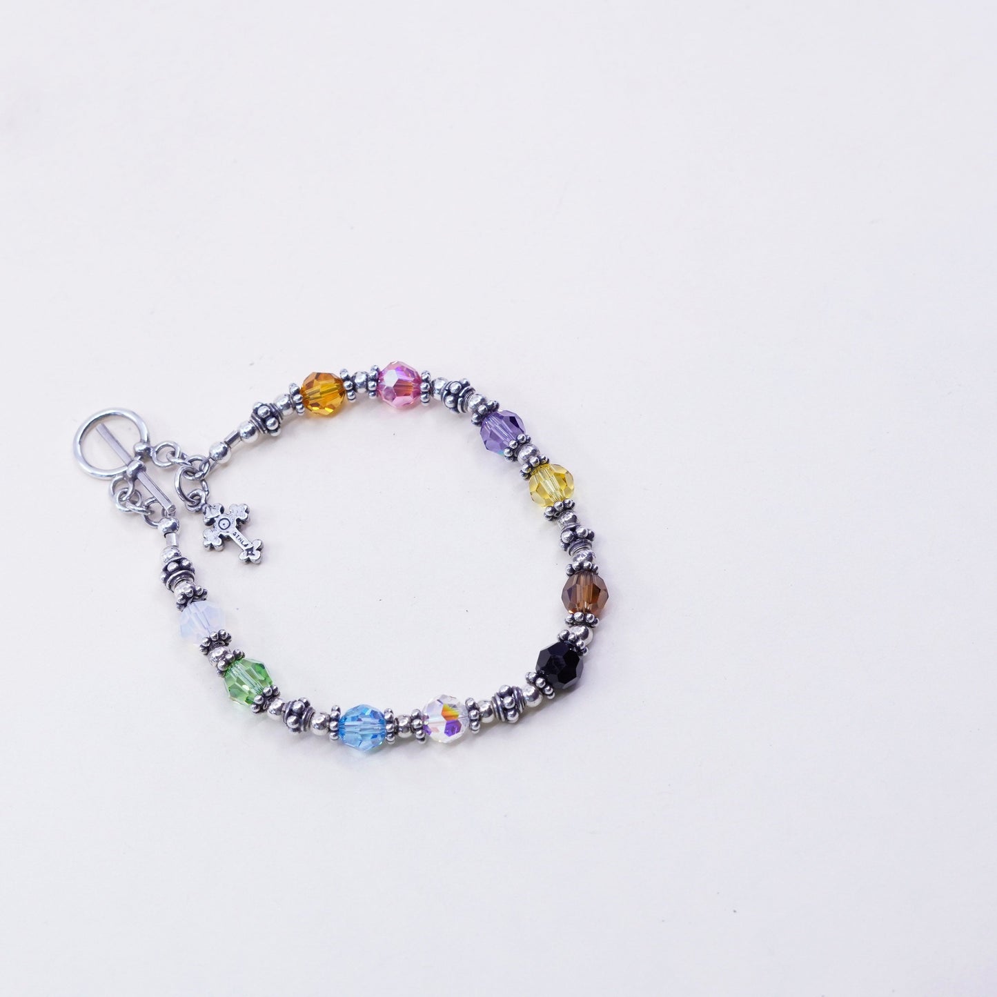 6.5”, Sterling silver handmade bracelet, 925 beads and Crystal and cross charm