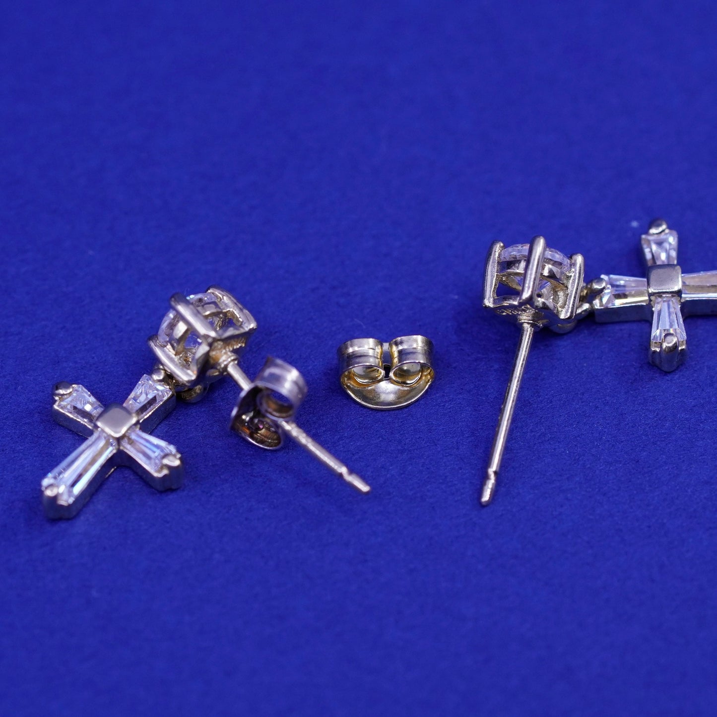 Vintage vermeil gold over Sterling silver handmade earrings, 925 cross with cz