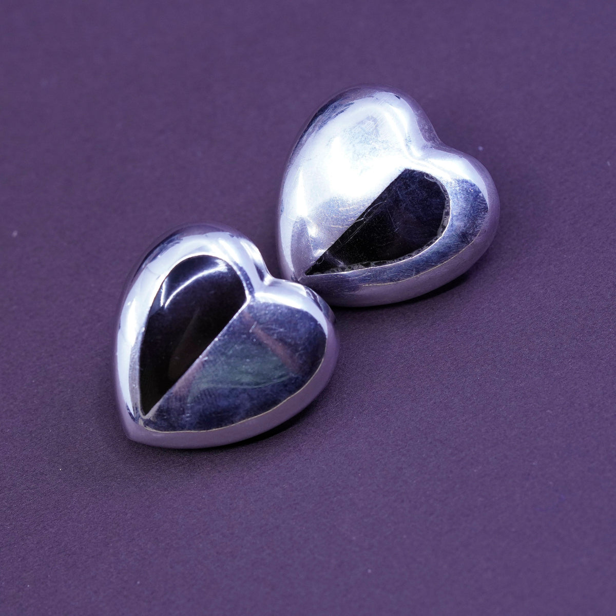 mexico Sterling silver earrings, studs, huge 925 heart studs with black onyx