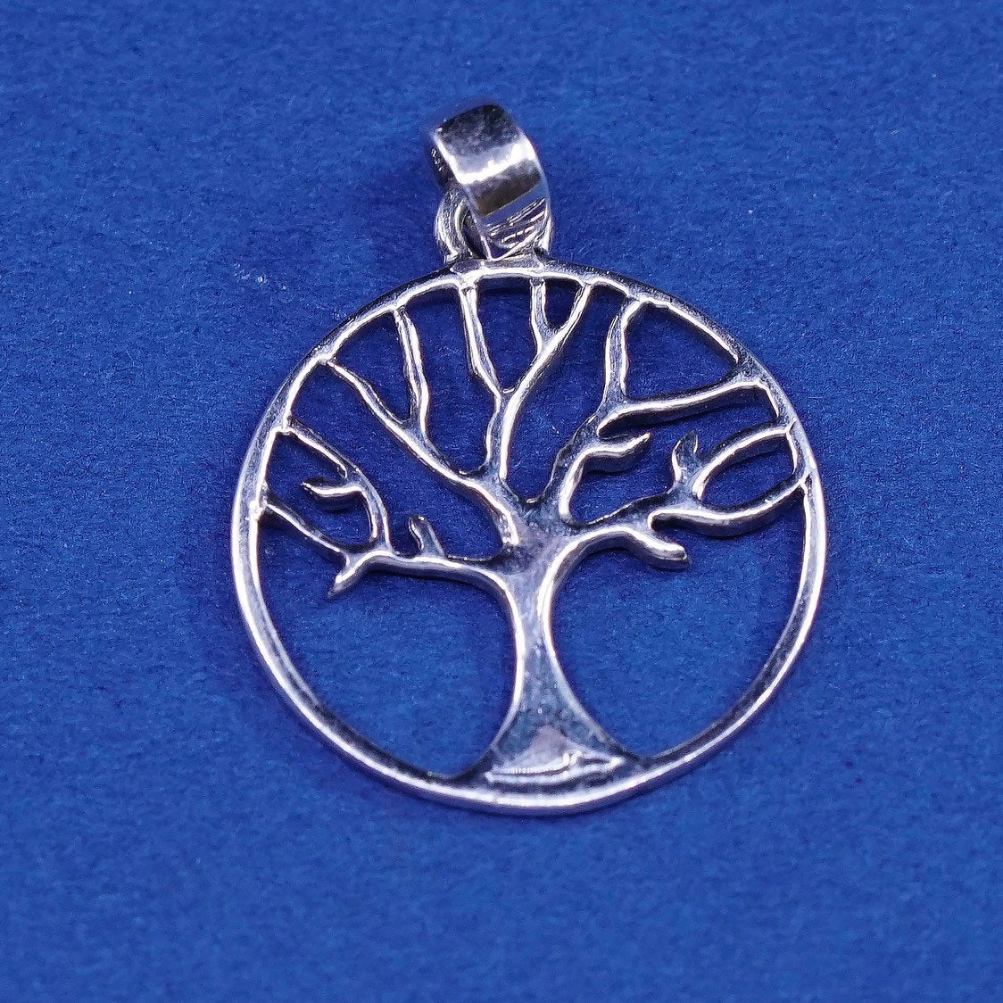 vtg sterling silver handmade pendant, 925 circle w/ filigree tree