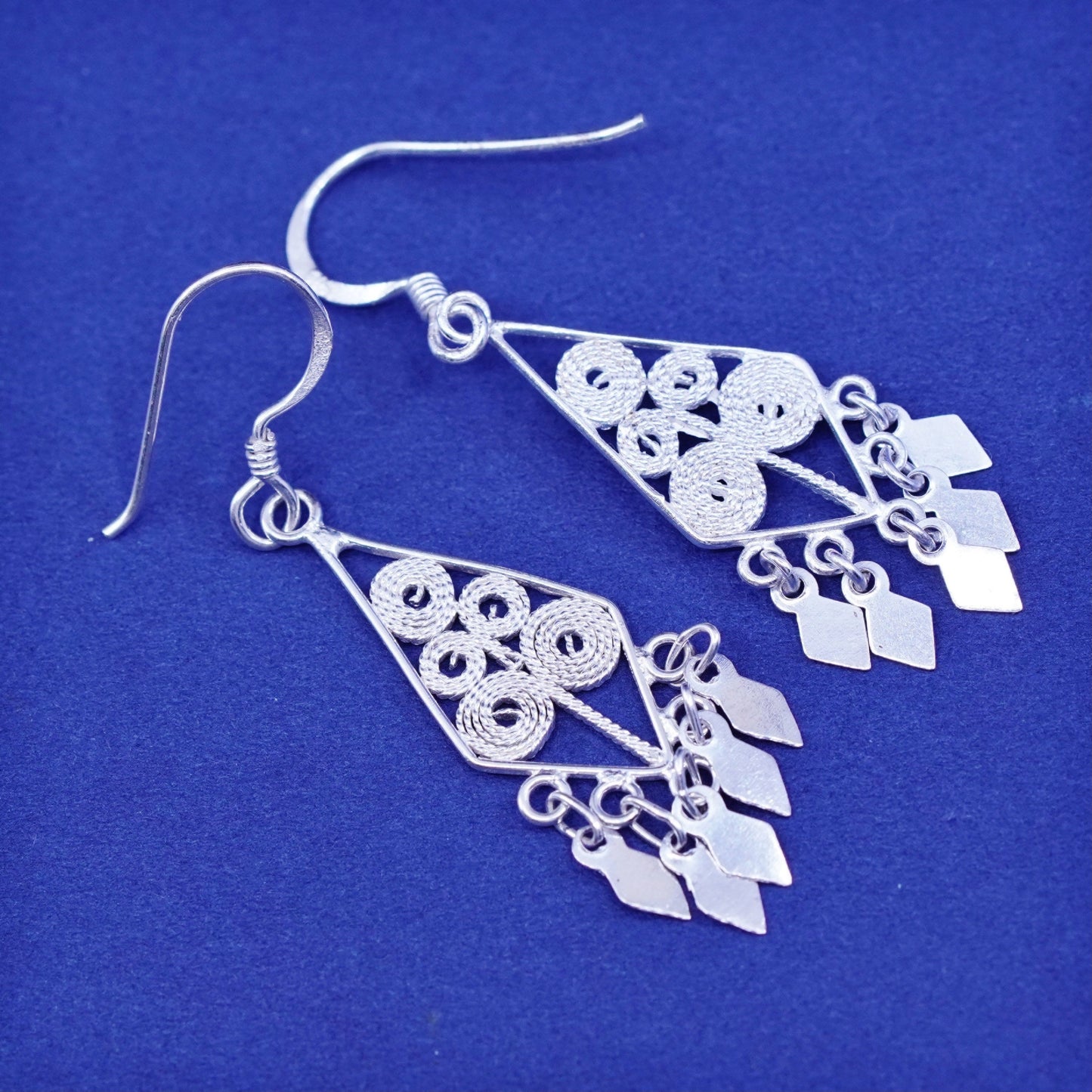 Vintage sterling silver handmade earrings, 925 filigree drop with fringe