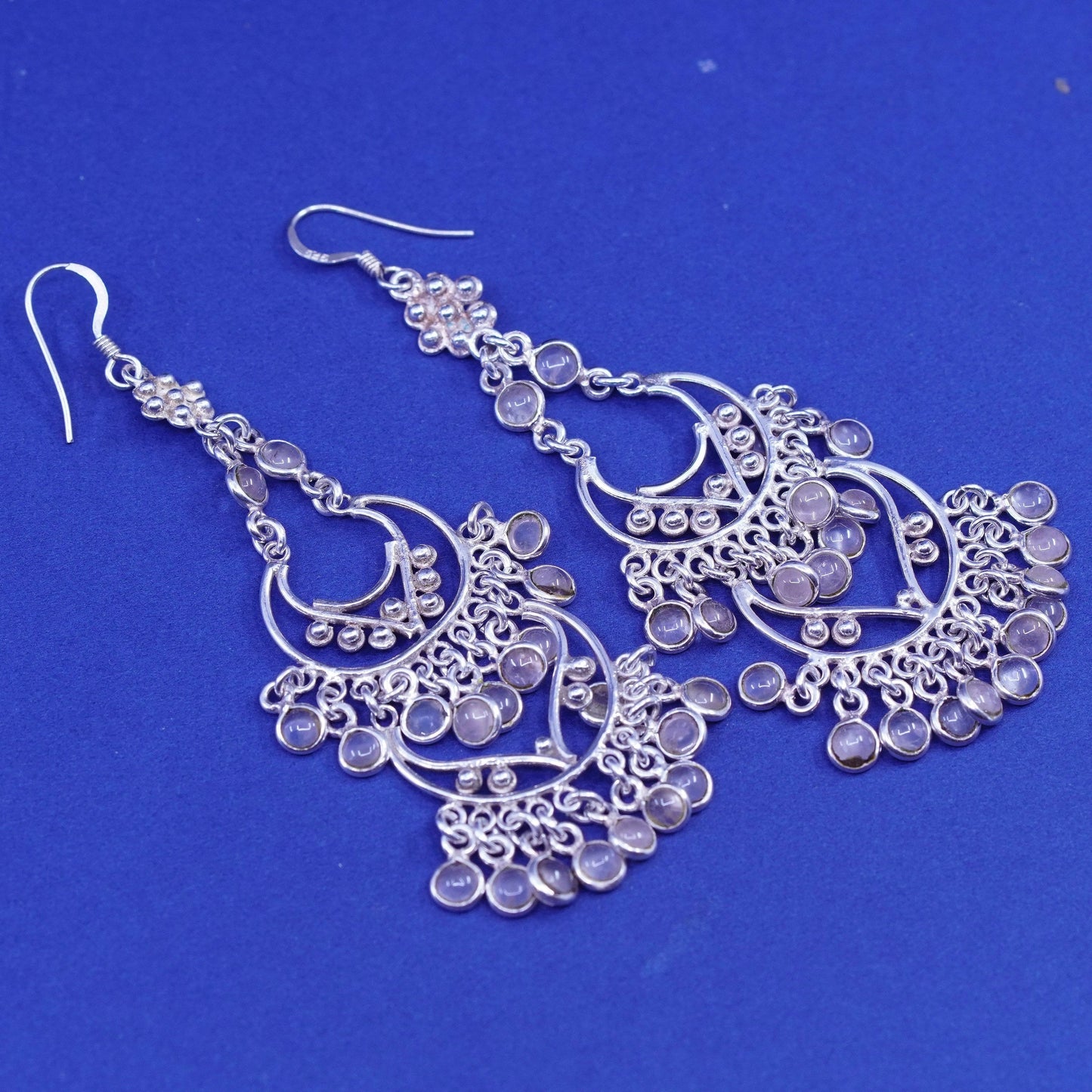 Sterling 925 silver handmade long filigree bead earrings pink quartz cluster