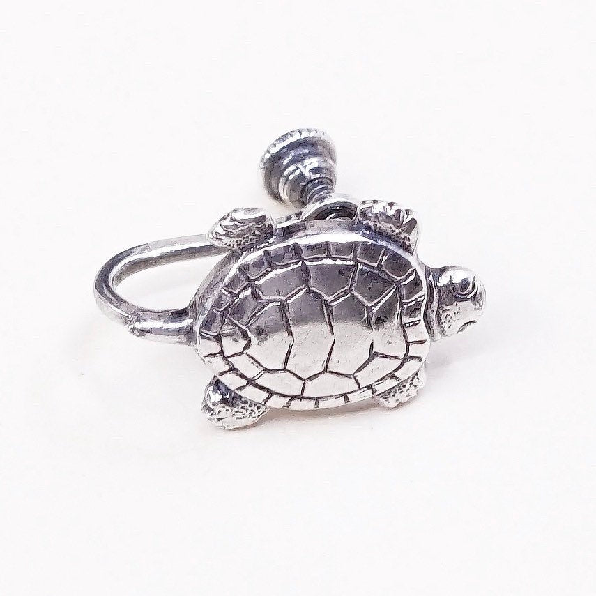 vtg Sterling silver handmade earrings, 925 screw back turtle, stamped Sterling