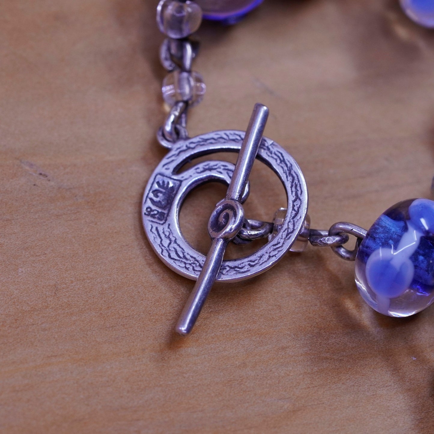 6.75”, handmade bracelet, blue artisan glass beads bracelet Sterling 925 silver
