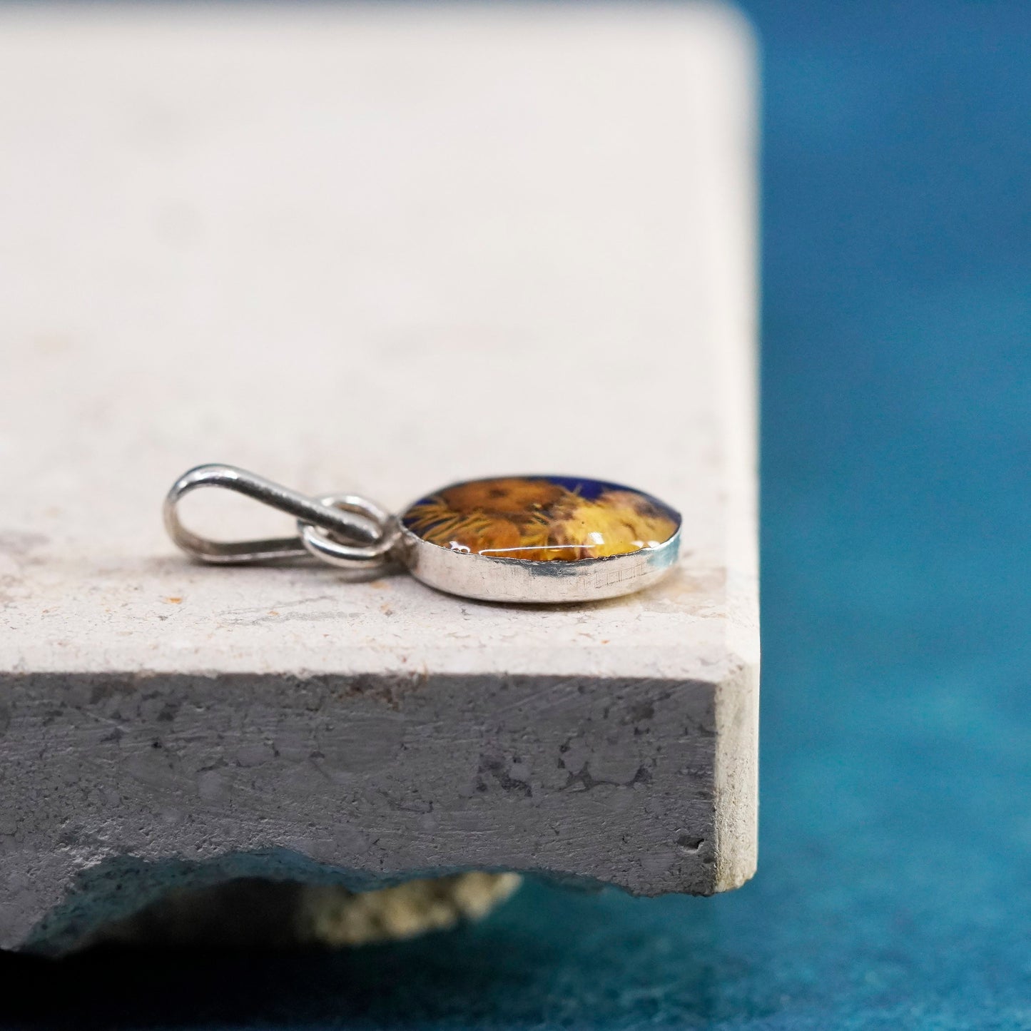 Vintage sterling silver handmade pendant, 925 resin flower