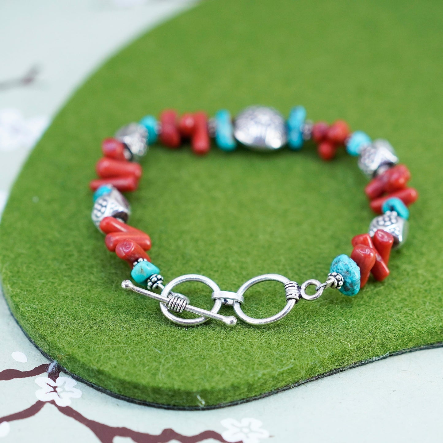 7+0.5”, southwestern Sterling 925 silver bracelet with turquoise coral beads