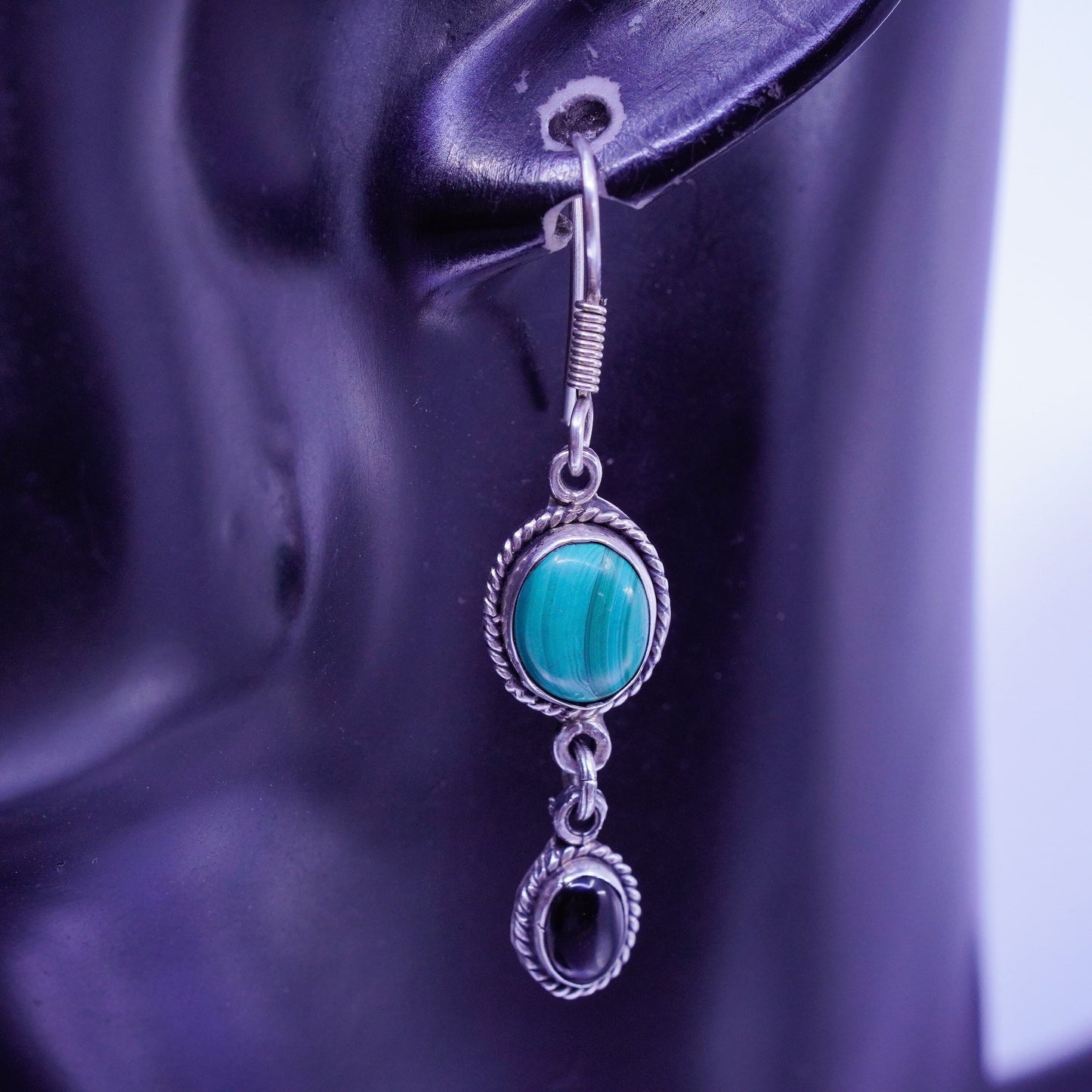 Vintage Sterling 925 silver oval earrings with malachite and obsidian