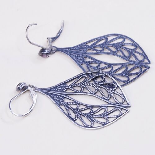 vtg Sterling 925 silver handmade earrings filigree leaf N Amethyst