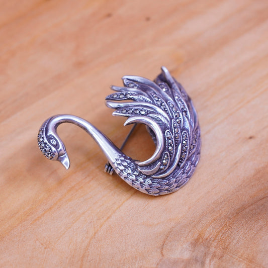Vintage antique handmade sterling 925 silver swan bird brooch with marcasite