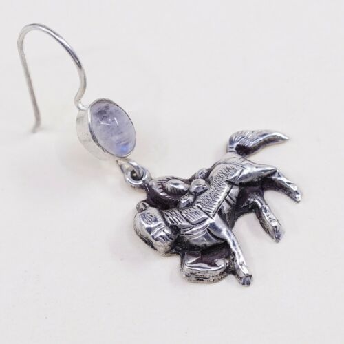 Vtg Handmade 925 Sterling Silver Earrings W/ Puffy Horse Dangles W/ Moonstone