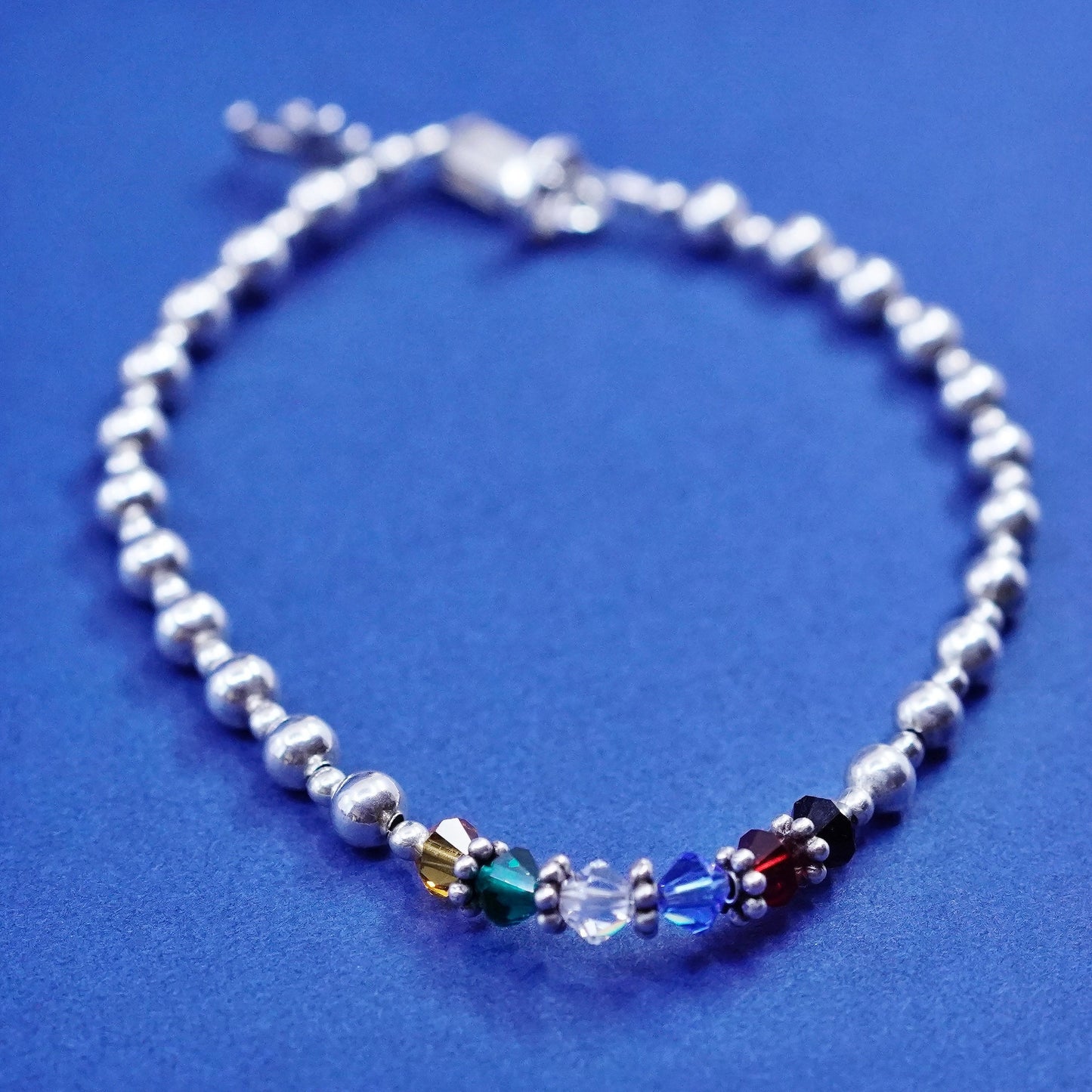 6.75”, sterling silver bracelet, 925 circle chain w/ cross charm crystal beads