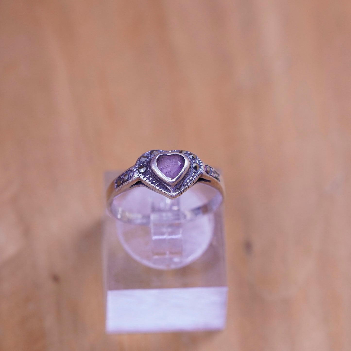 Size 6.25, Sterling 925 silver handmade ring with heart amethyst and marcasite