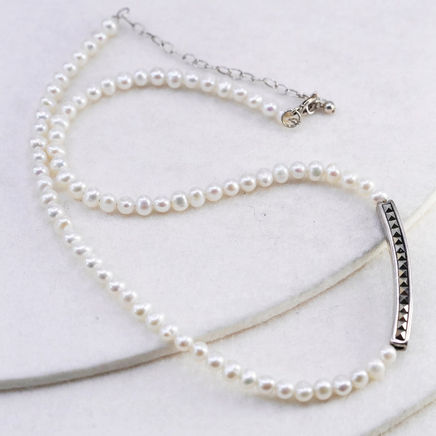 14+2”, Sterling 925 silver handmade pearl tennis necklace Marcasite bar pendant