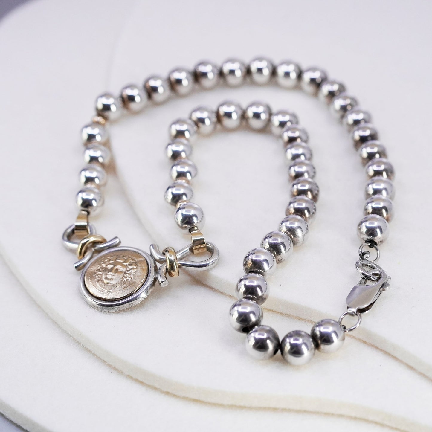 16”, VTG two tone Sterling 925 silver handmade beads necklace 14K yellow gold