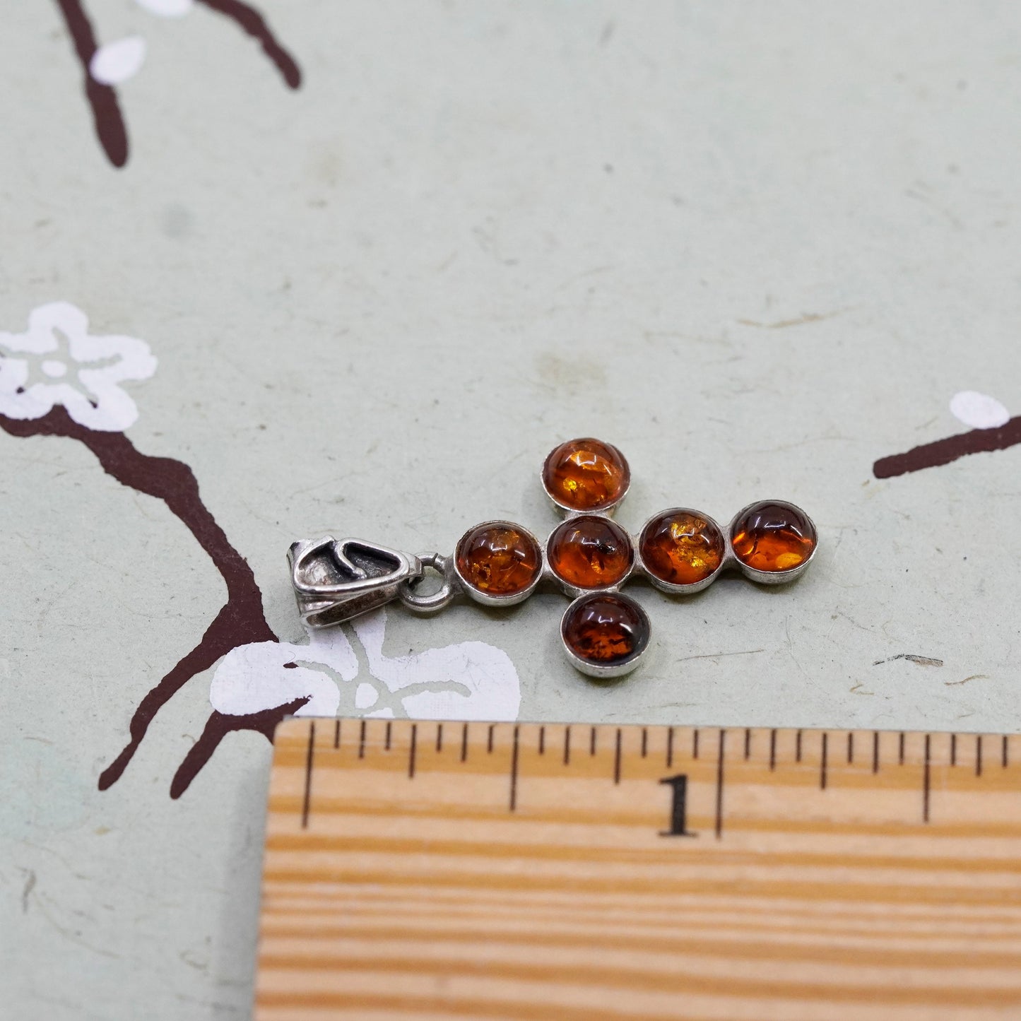 Vintage sterling 925 silver handmade cross pendant with amber