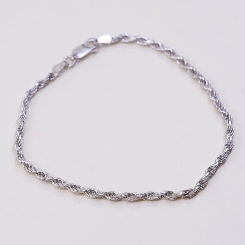 7.75”, 2mm, Vtg Sterling Silver bracelet, 925 Rope chain, Stamped 925 Italy