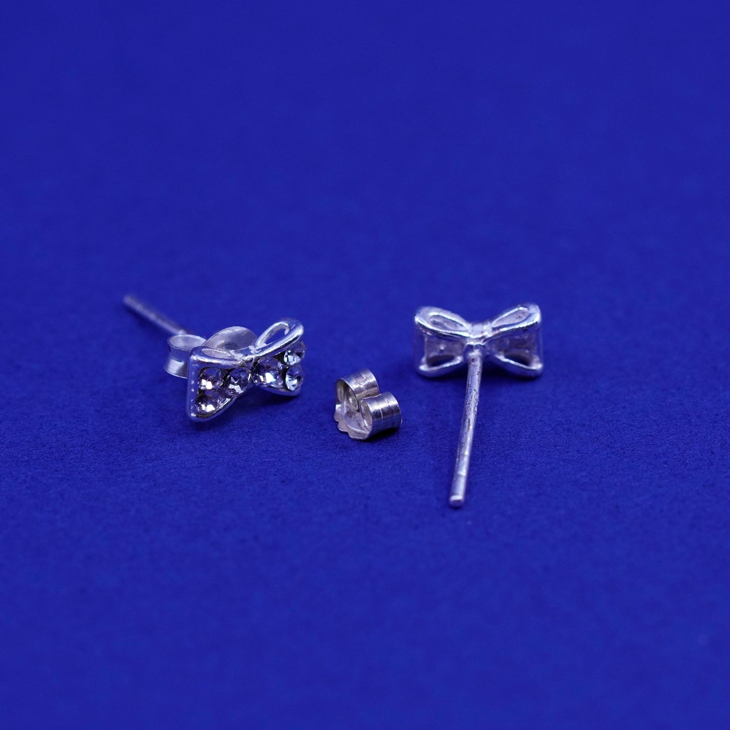 Vintage sterling silver handmade earrings, ribbon bow 925 studs with cluster CZ