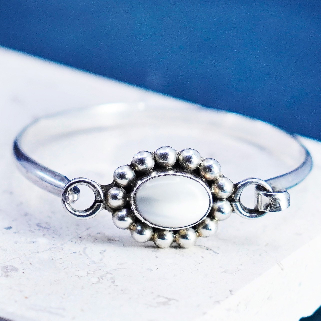 6.5”, sterling silver handmade bracelet, 925 hinged bangle with white cat eye