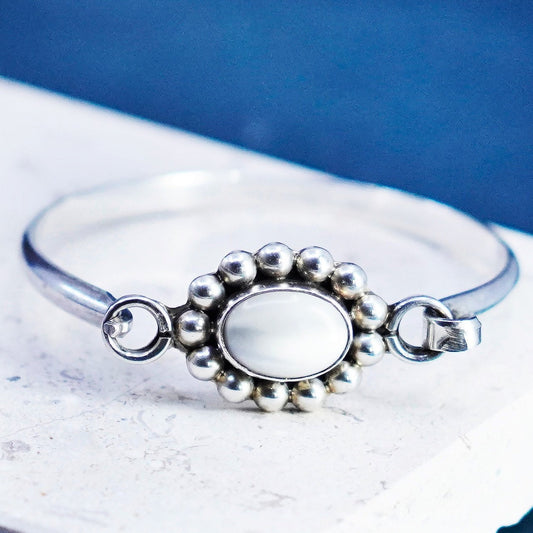 6.5”, sterling silver handmade bracelet, 925 hinged bangle with white cat eye