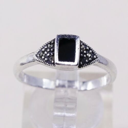 Sz 7.75, Vtg Sterling Silver Handmade Ring, 925 Silver Band W obsidian inlay