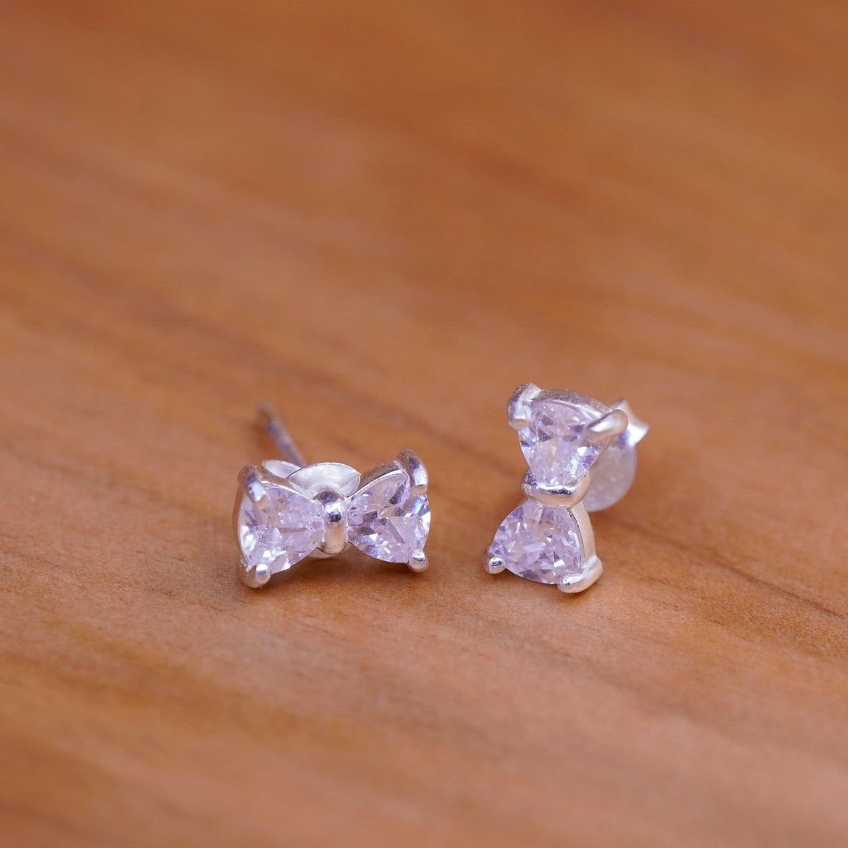 vintage Sterling 925 silver ribbon bow tie studs, cz earrings