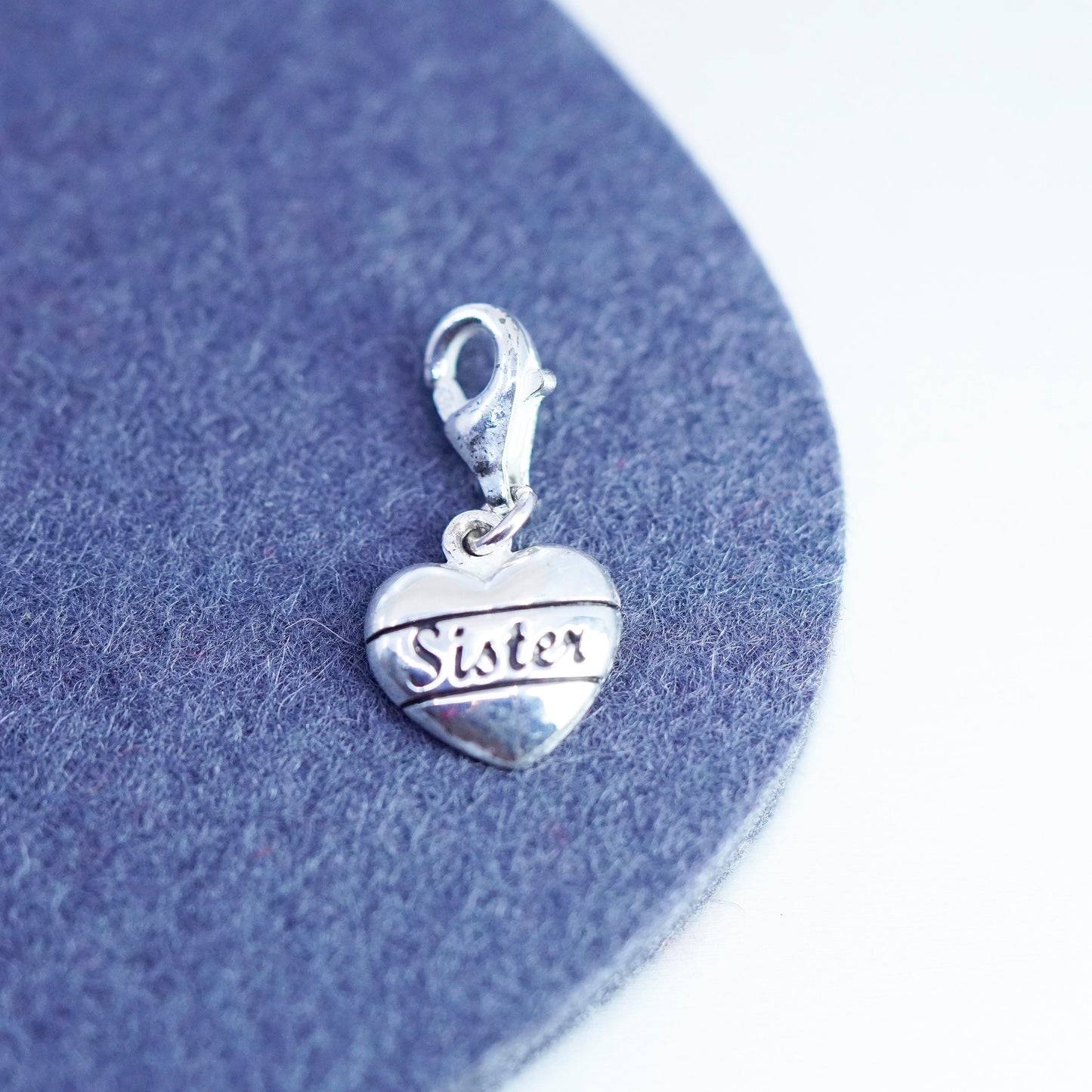 Vintage sterling 925 silver heart charm pendant with sister